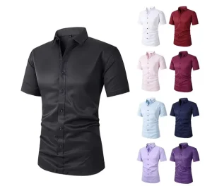 Men’s Elastic Casual Shirts Formal Business Office Clothes Solid Color Short-Sleeved Shirts