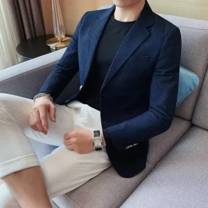 Men’s Elegant V-Neck Blazers Slim Fit Formal Jacket for Business Office Wear Breathable Fabric Wedding Suit