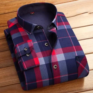 Men’s Fashion Asian Size Long Sleeve Plaid Lapel Button Shirt Autumn Winter Warm Fleece Tops Anti Wrinkle Shirts