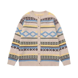 Men’s Fashion Casual Loose Fit Knit Cardigan 100% Cotton Quick Dry Breathable Multi Color Argyle Pattern Turn down Collar Single
