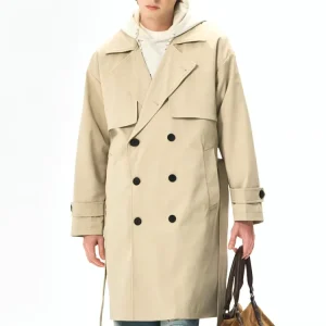 Men’s Fashion English Style Winter Vintage Decorated Long Thin Overcoat Autumn Double-Breasted Breathable Anti Wrinkle Coat