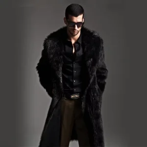 Men’s Fashionable Faux Fur Thick Warm Long Trench Coat for Winter Travel Woven Weave Overcoat