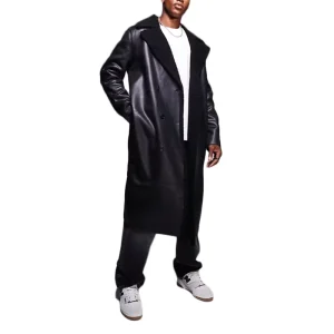Men’s Faux Leather Black Borg Lining Slim Fit Windproof Overcoat Urban Streetwear Thermal Insulated Winter Trench Coat