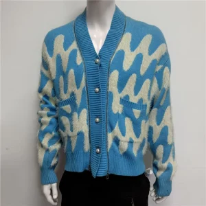 Men’s Faux Mink Jacquard Knit Cardigan Wool Blend Base V-Neck Zip Knitwear Dot Pattern