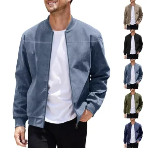 Men’s Faux Suede Bomber Jacket Autumn Casual Zip Up Stand Collar Pilot Coat Polyester Baseball Jacket For Outdoor Daily Wear