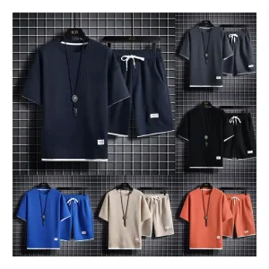 Men’s Fitness Sportswear Set Custom Logo Printed Casual Solid Color Velour Two-piece Tshirt Shorts Breathable Summer Track