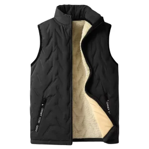 Men’s Fleece-Lined Anti-Wrinkle Vest Stand-Up Collar Zipper Closure Workwear Outerwear for Middle-Aged