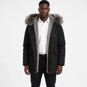 Men’s Formal Long Autumn Parka Coat Rabbit Fur Lining Hood Zipper Detachable Lining & Collar Thick Winter Warm