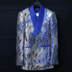 Men’s Formal Peacock Feather Tail Printed Blazer Slim Fit Shawl Collar Lapel Single Breasted Closure