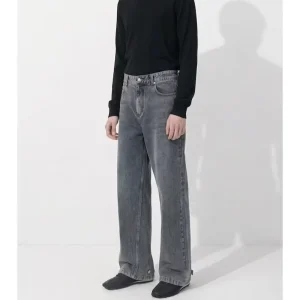Men’s French Design High Waist Medium Washed Solid Color Wide Leg Gray Casual Loose Denim Jeans Autumn Winter