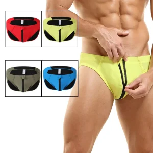 Men’s Front Zipper Swim Trunks Quick Dry Breathable Nylon Polyester Triangular Swimwear for Swimming Beach