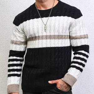 Men’s Full Sleeve Striped Pullover Sweater with Breathable 100% Acrylic Knitted 493g Standard Thickness for Autumn & Winter