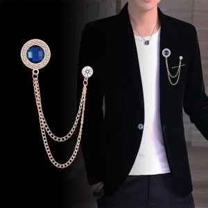 Men’s Gold Silver Multi Color Gem Brooch with Double Chain Elegant Lapel Pin for Suit Wedding Formal Occasions