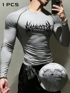 Men’s Gothic Shirt Medieval Dark Style Compression Top with Hot Transfer Print Stretchy Body-Hugging Suit for Gym Cycling