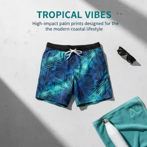 Men’s Gradient Blue Green Print Swimwear High Stretch Quick Dry Boardshorts Side Pockets Water Sports Gear
