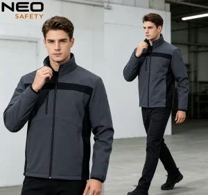 Men’s Grey Black Contrast Softshell Jacket Stand Collar Reinforced Seams Casual Work Uniform Coat