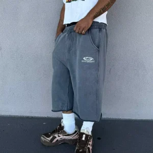 Men’s Grey Casual Shorts 100% Cotton Terry Fabric Drawstring Closure Breathable Elastic Waist Front Logos Sweat Short