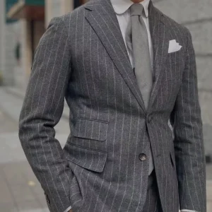 Men’s Grey Pinstripe Wool Suit Flannel Fabric Breathable 360g Slim Fit Double Breasted Jacket Italian Style Half Canvas V-neck
