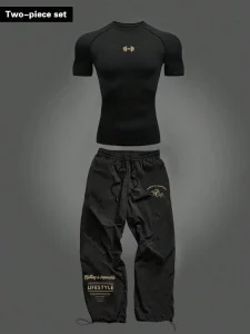 Men’s Gym T shirt and Loose Pants Set Customizable logo Breathable Sportswear for Workout Training and Bodybuilding
