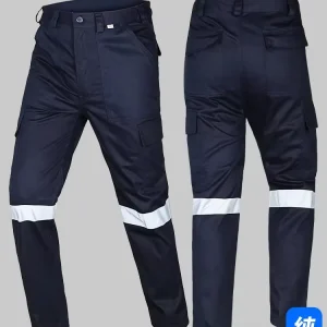 Men’s Heavy Duty Polyester Work Pants with Reflective Strips Cross Border Custom Industrial Workwear for Oil Gas Auto Repair