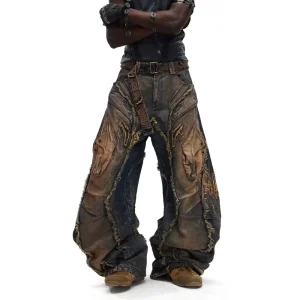 Men’s Heavy Duty Vintage Multi Pocket Zip Panel Denim Jeans Baggy Raw Hem High Waist Straight Leg
