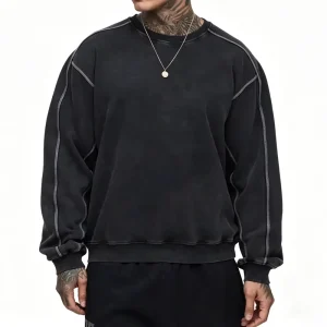 Men’s Heavyweight Acid Wash Boxy Sweatshirt 100% Cotton French Terry Contrast Stitch Sweatshirt Streetwear Custom
