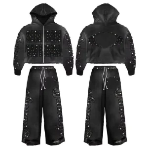 Men’s Heavyweight Acid Wash Flared Sweatpants and Hoodie Set Embroidery Streetwear Tracksuit Rhinestone Cropped Sweatsuit