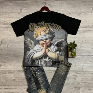 Men’s Heavyweight Cotton DTG Digital Print Rhinestone T Shirt Acid Wash Jeans Customizable