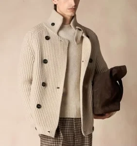 Men’s Heavyweight Knit Peacoat in Cream Double Breasted Cardigan Sweater with High Collar Textured Waffle Stitch for Winter