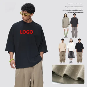 Men’s High Collar for Sleeve 250G Pure Cotton Breathable Loose Fit Solid Vintage Short Sleeved Blank Design T shirt