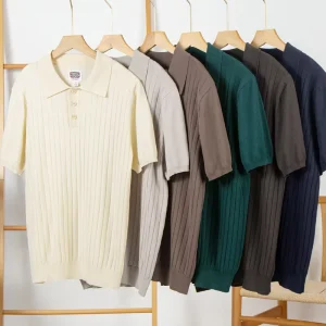 Men’s High-End Short-Sleeved American Retro Style Shirt Custom Logo Knitted Ribbed Woven Silk Mulberry Wor Anti-Wrinkle
