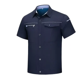 Men’s High-Grade Summer Work Clothes Custom Logo Short-Sleeved Quick-Drying Anti-Static Cotton Micro-Elastic Work Wear