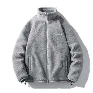 Men’s High Quality Sherpa Casual Coat Long Sleeve Fleece Zip Jacket in Gray for Fall Winter Customizable Warm Outwear