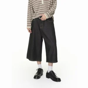 Men’s High Street Casual Distressed Vintage Straight Leg Loose Washed Denim Cropped Trousers Jorts for Men