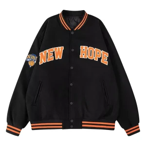 Men’s High Street Retro American-Style Windproof Embroidered Woolen Varsity Jacket Loose College Stand for Men Women in Winter