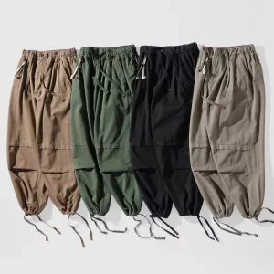 Men’s High Street Style Autumn Mid Waist 100% Cotton Cargo Pants Drawstring Adjustable Hem Utility Trousers with Pockets