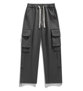 Men’s High Waist Casual Cargo Pants Spring Autumn Work Style Multi-Pocket Straight Sports Pants Drawstring Washed XL OEM Service