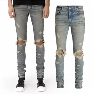 Men’s High Waist Casual Colored Washed Solid Overalls Denim Jeans Slim Fit