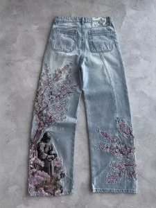 Men’s High Waist Vintage Washed Denim Pants 3D Embroidery Knight Cherry Blossom Wide Leg Autumn Streetwear Casual Jeans
