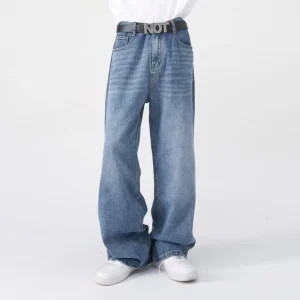 Men’s High Waisted Washable Denim Pants Loose Fit Half Elastic Waist Straight Leg Denim Pants