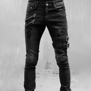 Men’s Hip Hop High Street Style New Locomotive Distressed Vintage Denim Cargo Pants Washed Slim Skinny Jeans Trousers
