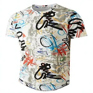 Men’s Hip Hop Hipster Short Sleeve Silk Screen Printed Breathable Anti Wrinkle T Shirt with Pattern