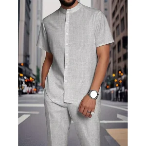 Men’s Holidays Casual Summer Street Style Round Neck Buttoned T Shirt and Trousers Set Long Sleeve Digital Print Outdoor Sports