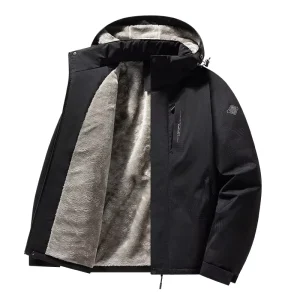 Men’s Hooded Fleece Lined Thickened Outdoor Jacket Windproof Waterproof Autumn Winter Hiking Mountaineering Coat Faux Fur Trim