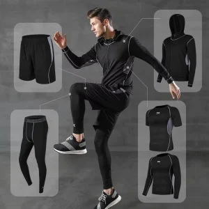 Men’s Hooded Solid Summer Running Sports Suit Casual Fitness Yoga Shorts Tight Short Sleeve Sportswear 2 5 Piece Set
