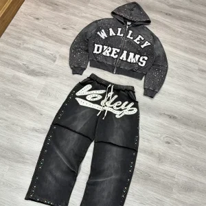 Men’s Hoodies Rhinestone 100% Cotton Sweatpants and Hoodie Acid Wash Set Oversized Full Zip up Custom Heavyweight for Men
