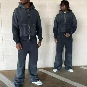 Men’s Hoodies Rhinestone Printing Cotton Sweatpants and Hoodie Acid Wash Set Oversized Full Zip up Custom Heavyweight for Men