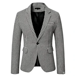 Men’s Houndstooth Plaid Blazer Slim Fit Single Button Casual Suit Jacket for Business Daily Streetwear OEM Service