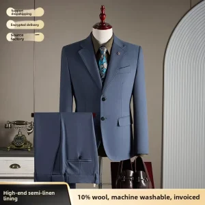 Men’s Italian Style Business Suit Three-Piece Set Single-Breasted Slim-Fit Wool Blend for Wedding Party