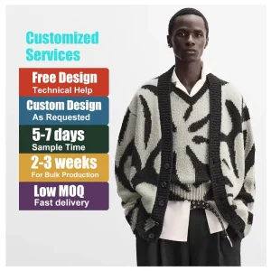 Men’s Jacquard Cardigan Sweater Knitwear Colorful Pattern V-Neck Long Sleeve Winter Streetwear Oversized